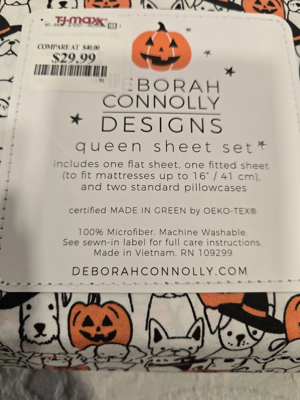 Halloween Pumpkin & Dog Queen Sheet Set - White & Orange